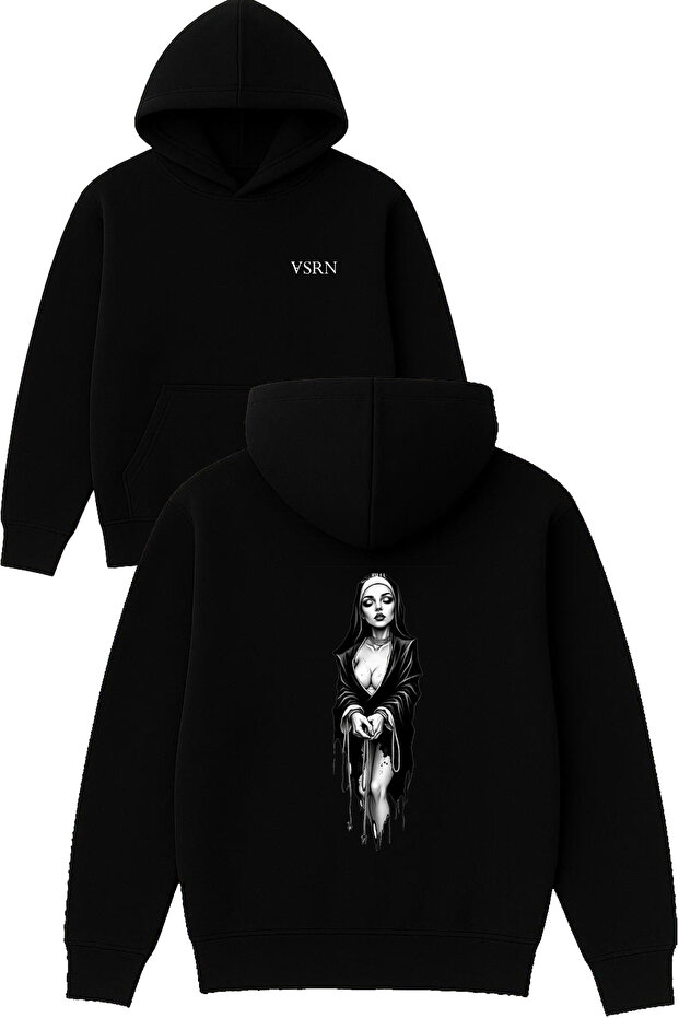 Nun Design Printed Oversize Black Hooded Sweatshirt