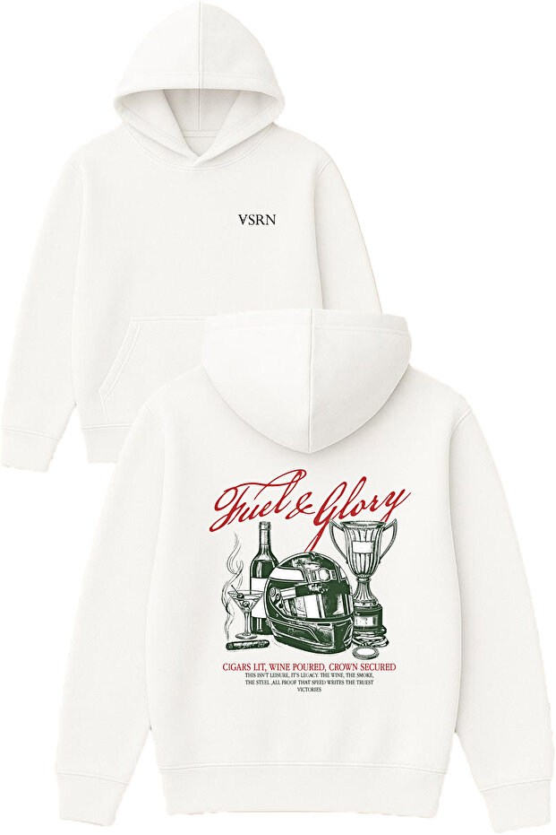 Tuel and Glory Design Printed Oversized White Hooded Sweatshirt