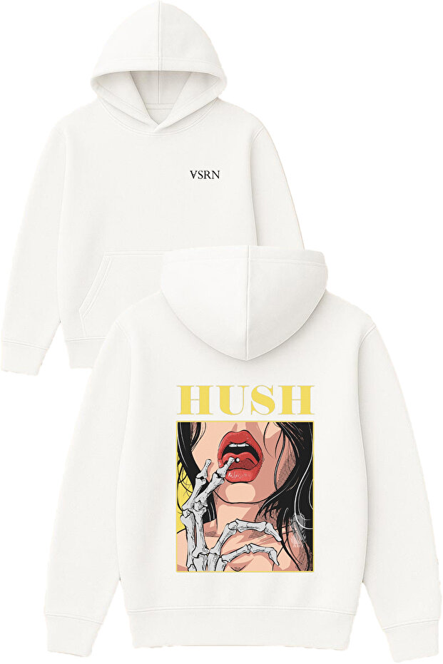 Hush Design Printed Oversize White Hooded Sweatshirt