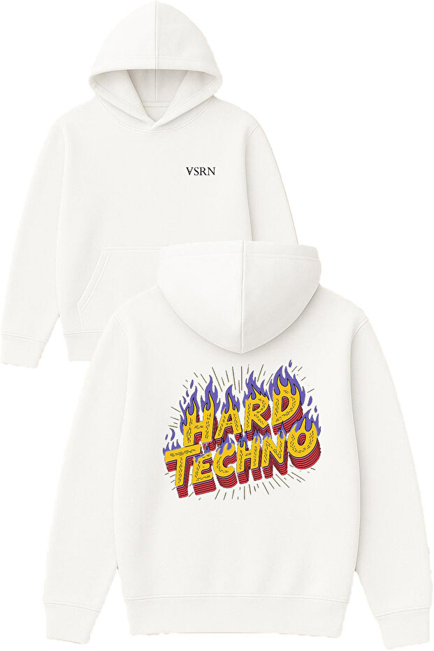 Hard Techno Design Printed Oversized White Hooded Sweatshirt