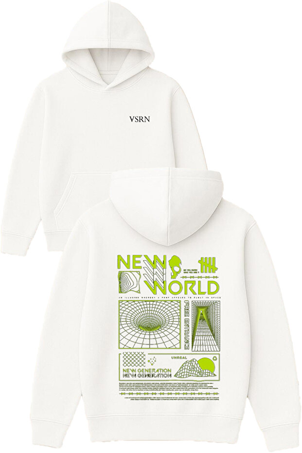 New World Design Printed Oversized White Hooded Sweatshirt