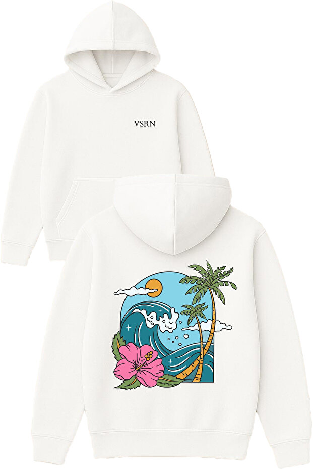 Beautiful Scenery Design Printed Oversized White Hooded Sweatshirt
