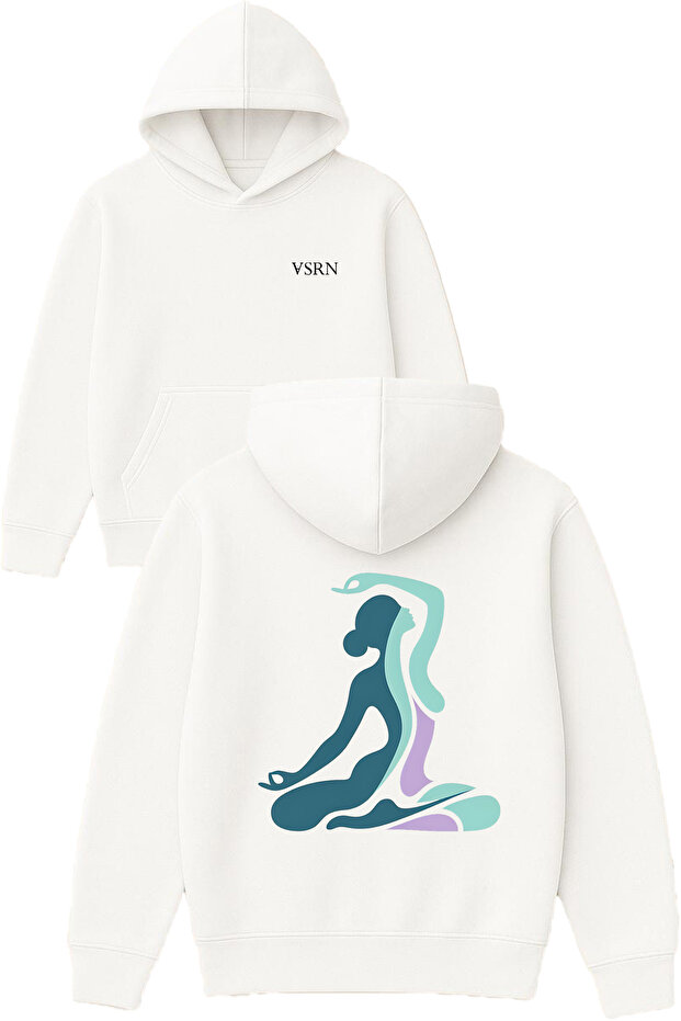 Yogacan Woman Design Printed Oversized White Hooded Sweatshirt