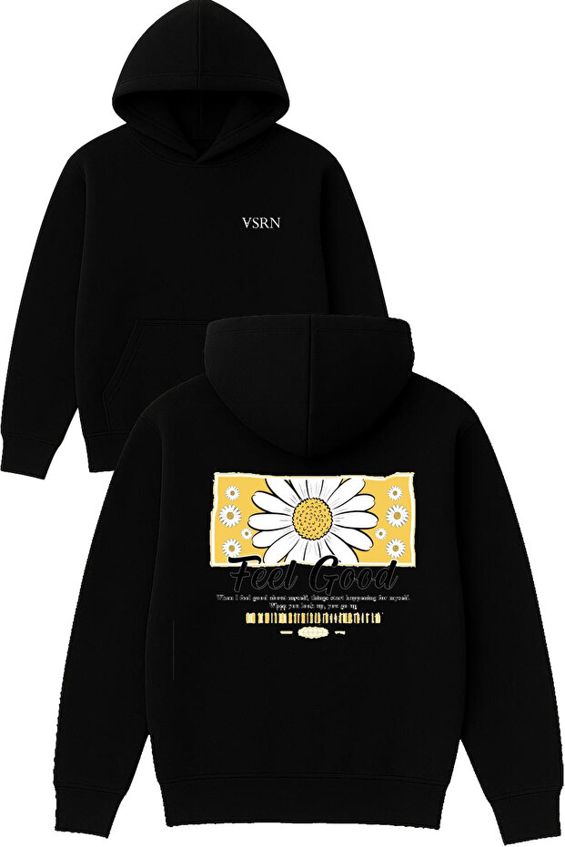 Feel Good Design Printed Oversized Black Hooded Sweatshirt