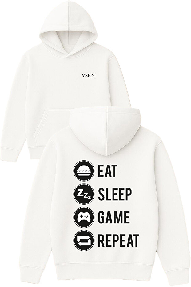 Game Eat Sleep Design Printed Oversized White Hooded Sweatshirt