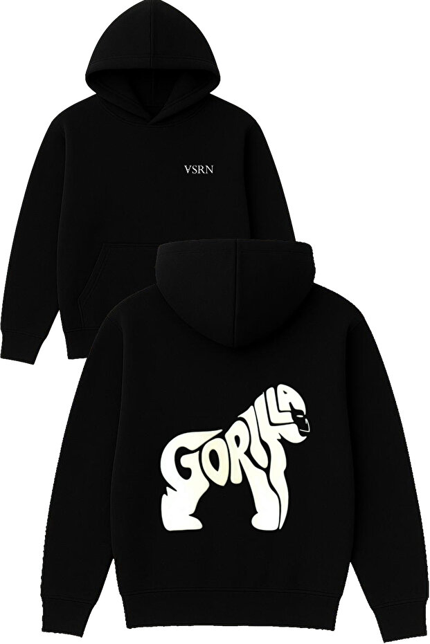 Gorilla Design Printed Oversized Black Hooded Sweatshirt