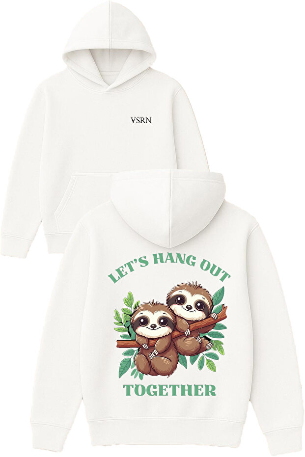 Lets Hang Lazy Design Printed Oversized White Hooded Sweatshirt
