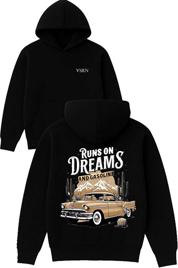 Runs on Dreams Design Printed Oversized Black Hooded Sweatshirt