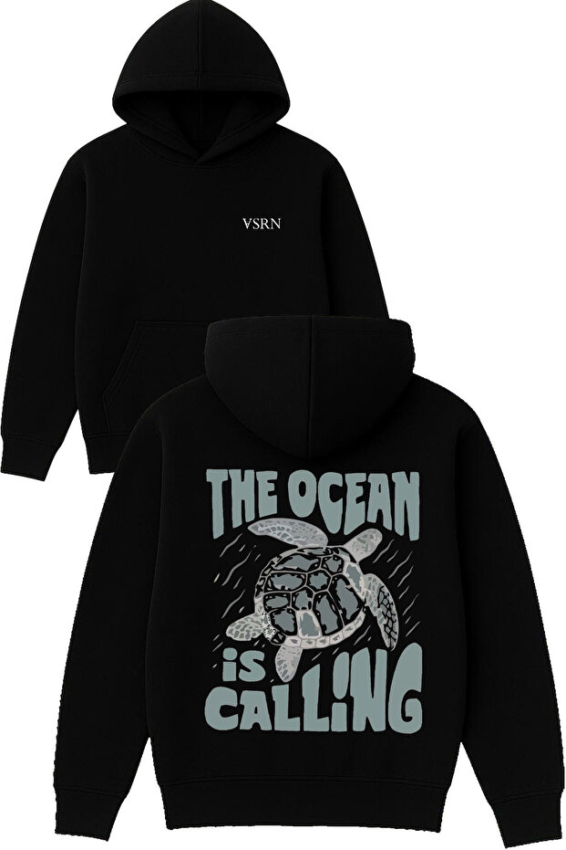 The Ocean Is Design Printed Oversized Black Hooded Sweatshirt