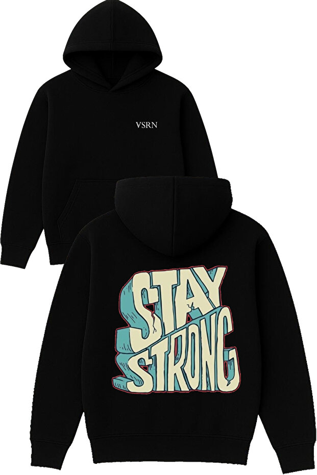 Stay Strong Design Printed Oversized Black Hooded Sweatshirt