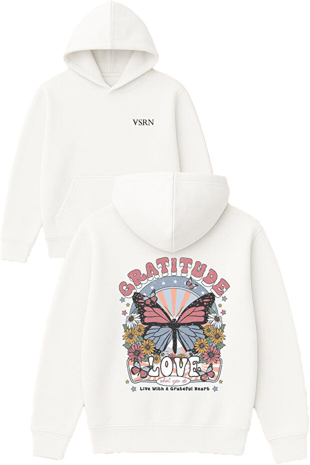 Gratitude Design Printed Oversized White Hooded Sweatshirt