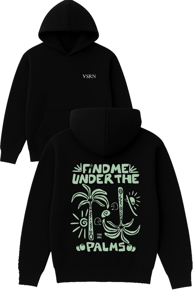 Under the Palms Design Printed Oversized Black Hooded Sweatshirt