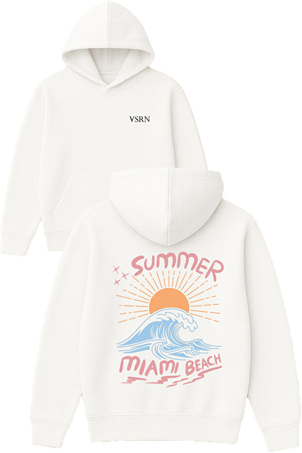 Summer Miami Beach Design Printed Oversized White Hooded Sweatshirt