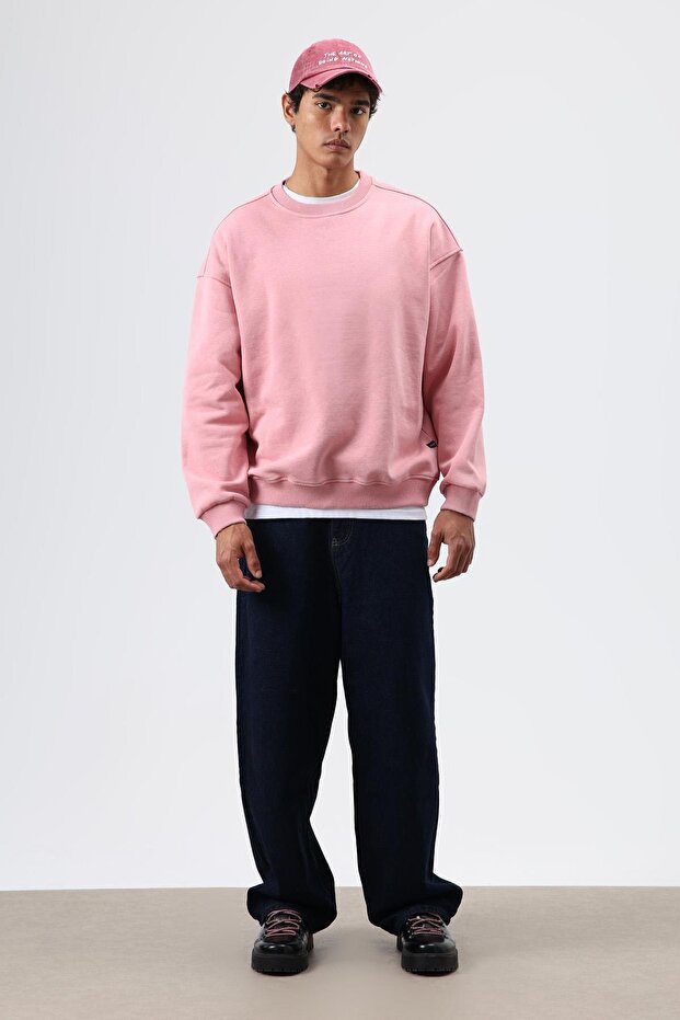 Basic Oversize Yıkamalı Sweatshirt Somon - 1