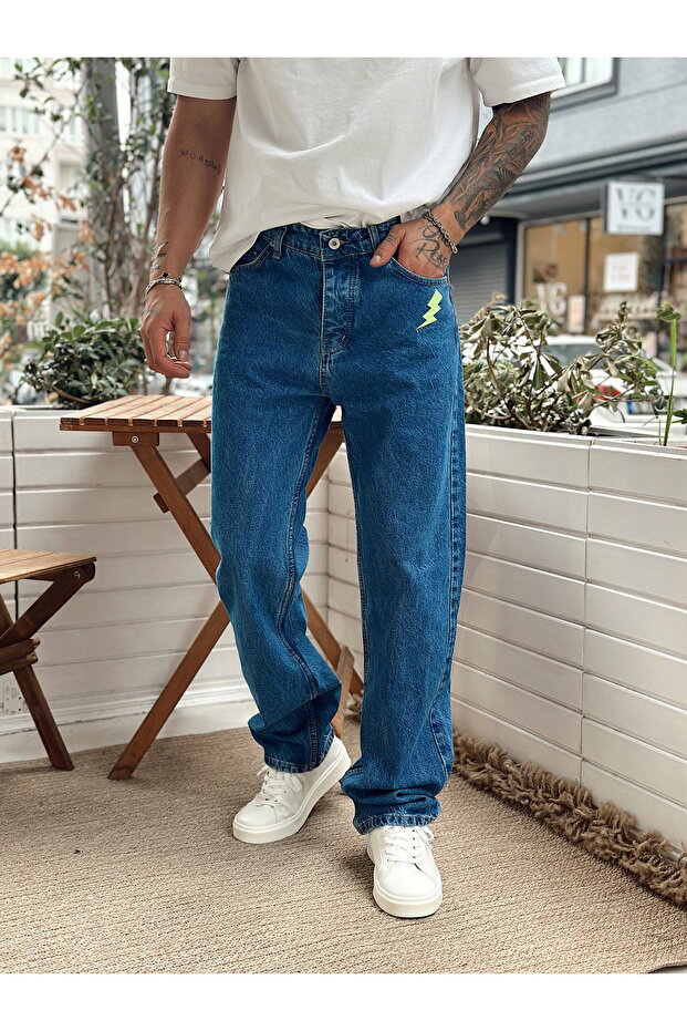 Şimşek Nakış Detaylı Regular Kot Pantolon Mavi - 5