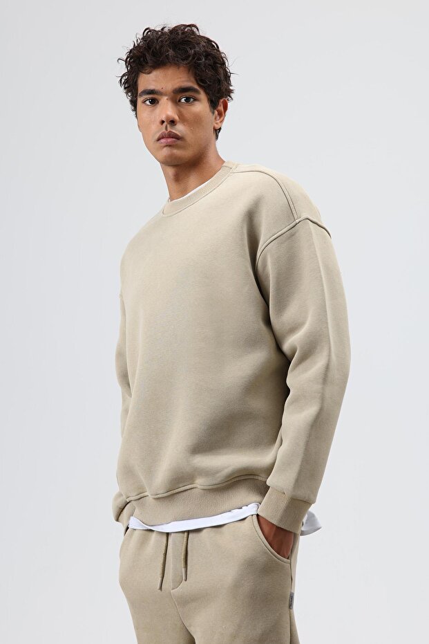 Basic Oversize Yıkamalı Sweatshirt Haki - 3