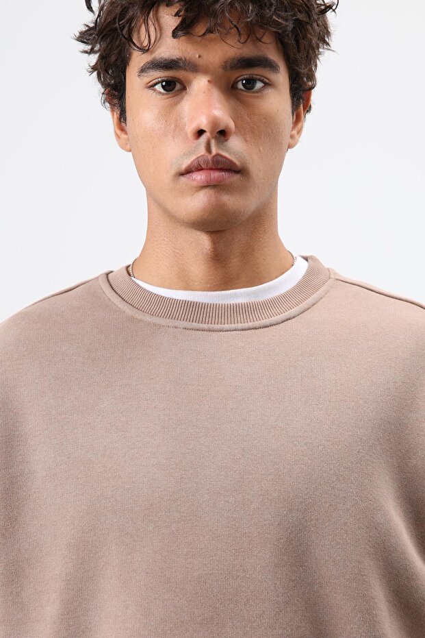 Basic Oversize Yıkamalı Sweatshirt Vizon - 5