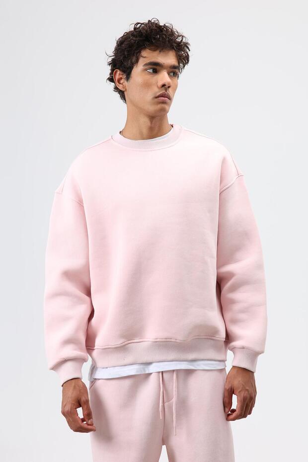 Basic Oversize Yıkamalı Sweatshirt Pembe - 5