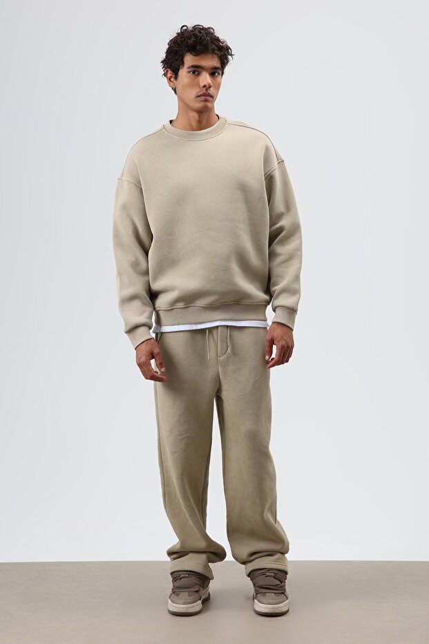 Basic Oversize Yıkamalı Sweatshirt Haki - 1