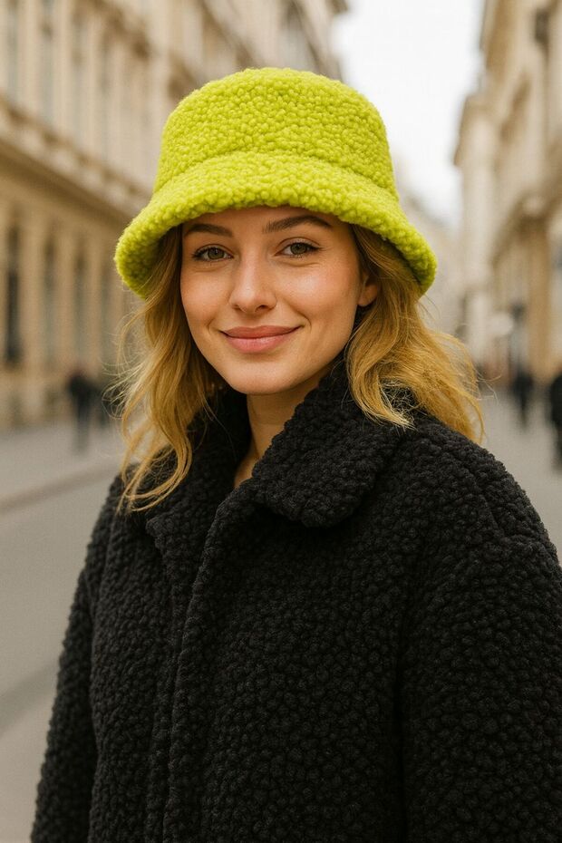 Green Soft Textured Curly Plush Bucket Women's Hat