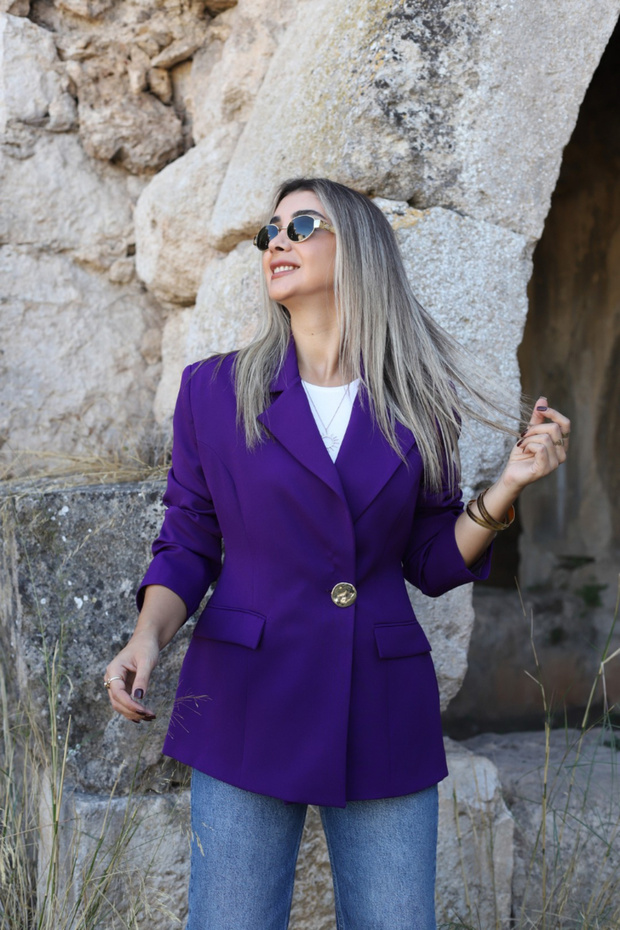سترة بليزر ذهبية أرجوانية بزر واحد - 2