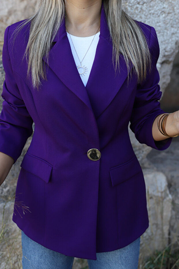 سترة بليزر ذهبية أرجوانية بزر واحد - 3