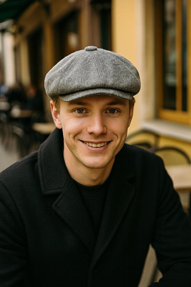 Gray Cashmere Wool Men's Cap Hat