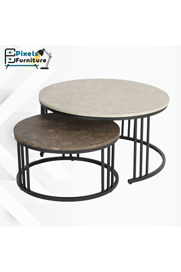 A set of two round, nesting main tables from Pixel Furniture, with metal bases. - 1