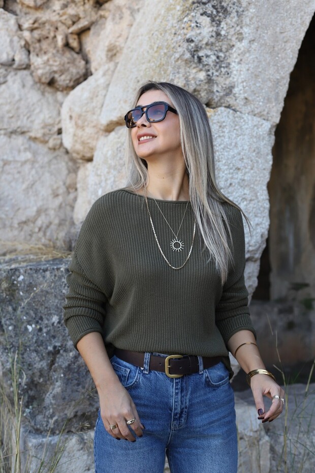 Khaki Standard Size Boat Neck Knit Sweater