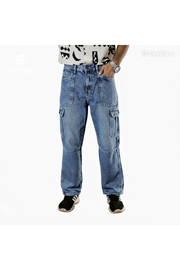 Mens Baggy Fit 6 Pocket Denim Cargo Pants