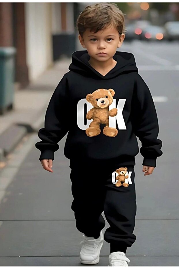 Girls/Boys Bear Printed Hooded Tracksuit Set