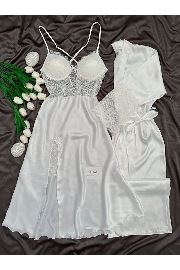Enchante Luxurious Lace Slit Long Satin Nightgown & Robe Bridal Set (Boxed)