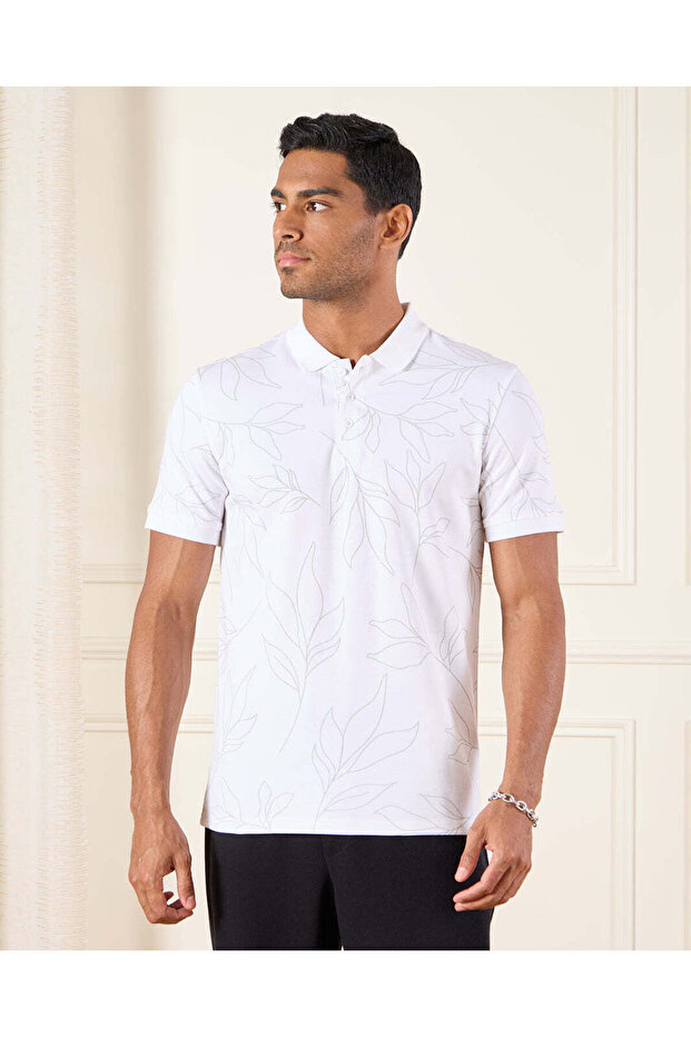 Men White Printed Polo Shirt