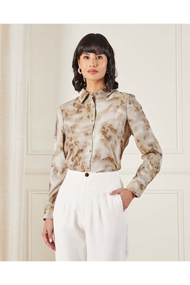 Women Beige Button Front Blouse