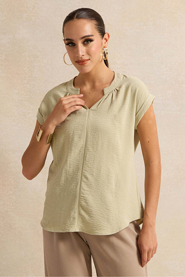 Women Green Roll Up Sleeve Blouse