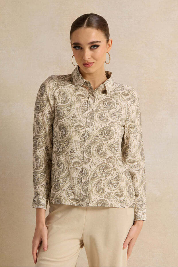 Women Beige Printed Collared Shirt Blouse