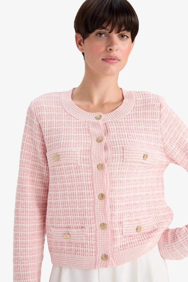 Regular Fit Bisiklet Yaka Kareli Triko Hırka G0806AX25WN - 4