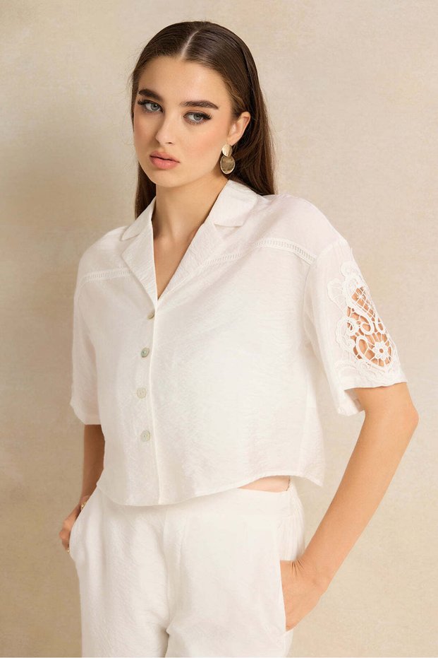 Women Ivory Embellished Cropped Shirt Blouse