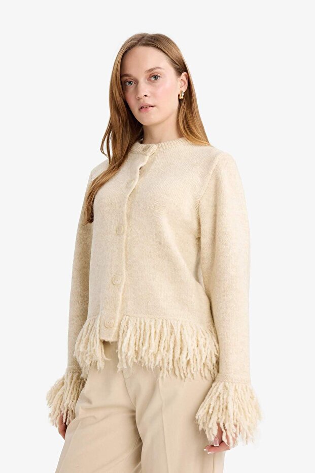 Regular Fit Bisiklet Yaka Püsküllü Düğmeli Triko Hırka G3173AX25WN - 3