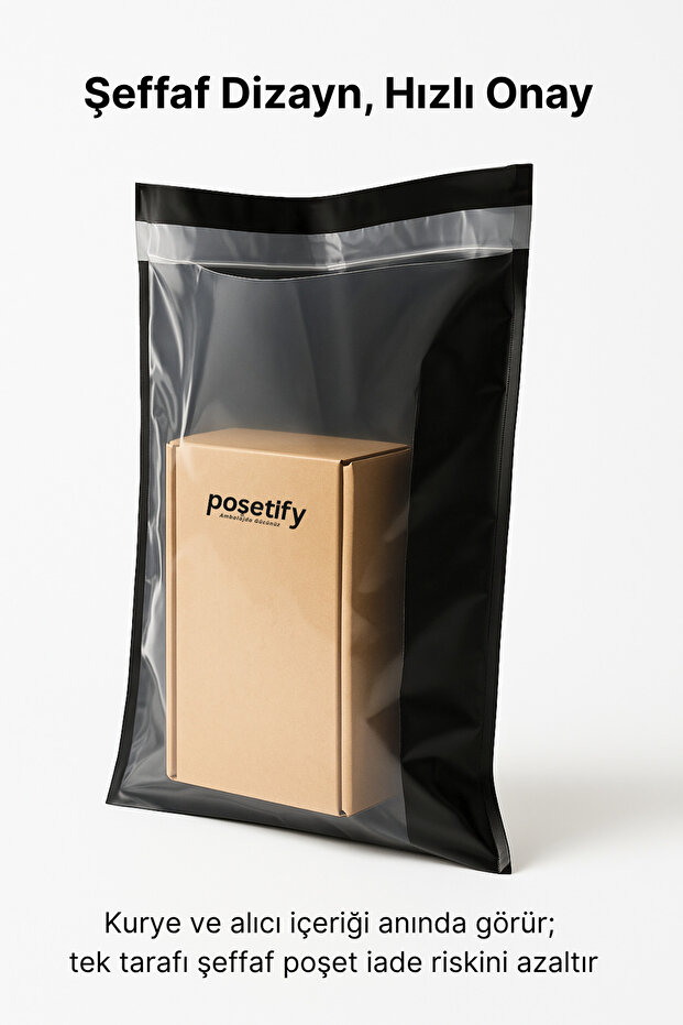 Tek Tarafı Şeffaf Kargo Poşeti 45X55X5 cm | 25 Adet | Siyah | Yapışkan Bantlı E-Ticaret Poşeti - 5