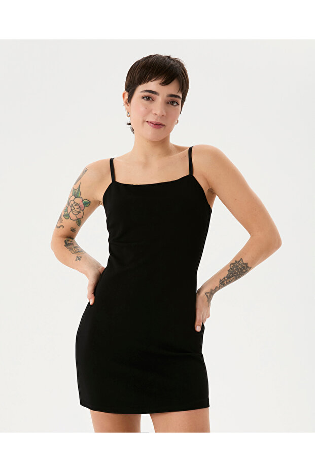 Siyah Basic Ecovero™ Viskoz Askılı Mini Elbise - 1