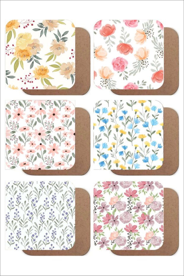 Minimalist Leaf Patterned Set of 6 Mdf Uv Printed Coasters – Colorful Modern Design