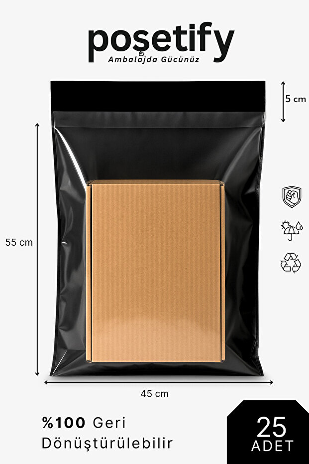 Tek Tarafı Şeffaf Kargo Poşeti 45X55X5 cm | 25 Adet | Siyah | Yapışkan Bantlı E-Ticaret Poşeti - 1