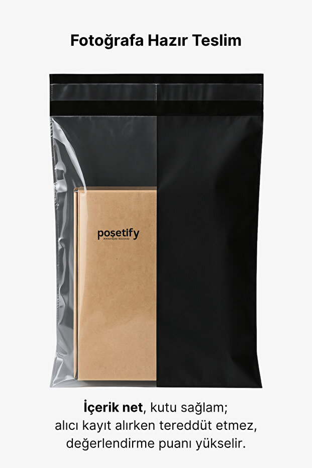 Tek Tarafı Şeffaf Kargo Poşeti 45X55X5 cm | 25 Adet | Siyah | Yapışkan Bantlı E-Ticaret Poşeti - 6