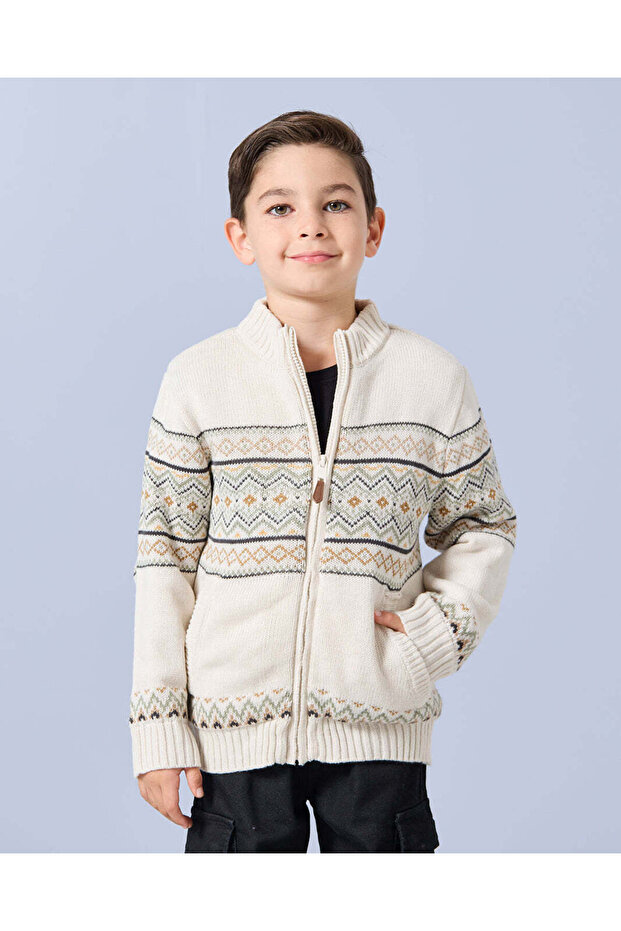 Boys Beige Fur Lined Zip Thur Cardigan