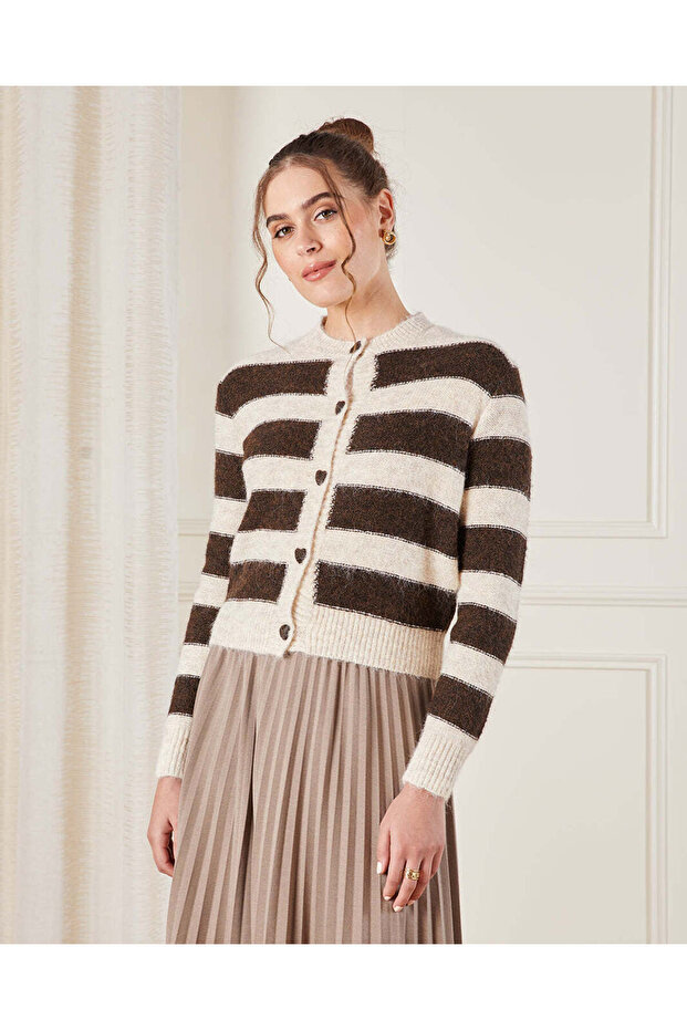 Women Beige Striped Knitted Cardigan