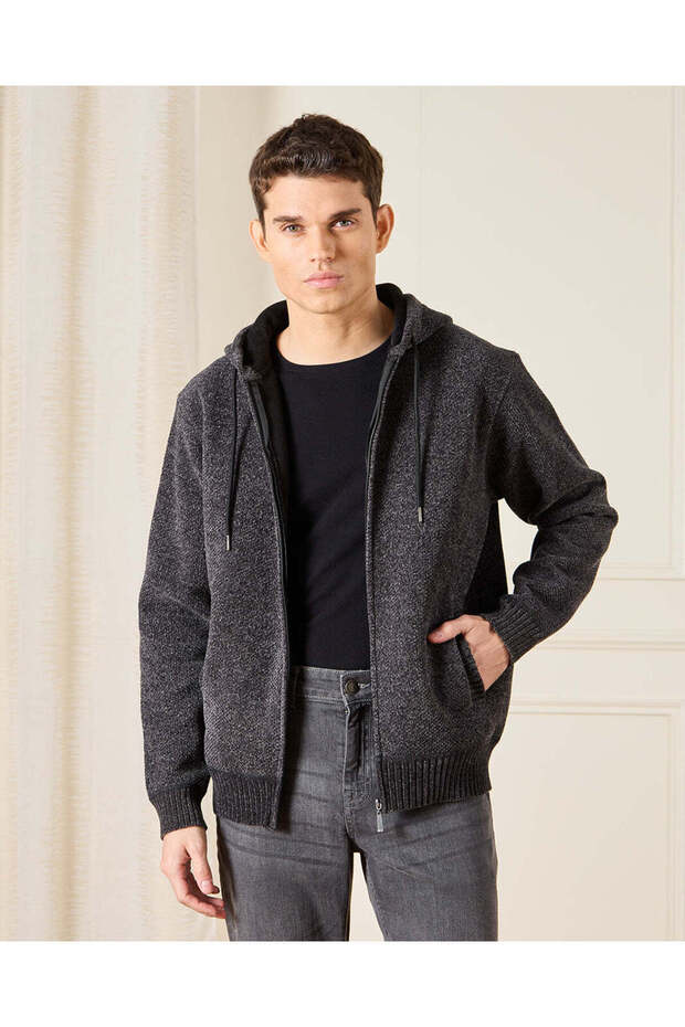 Men Black Knitted Hooded Pullover