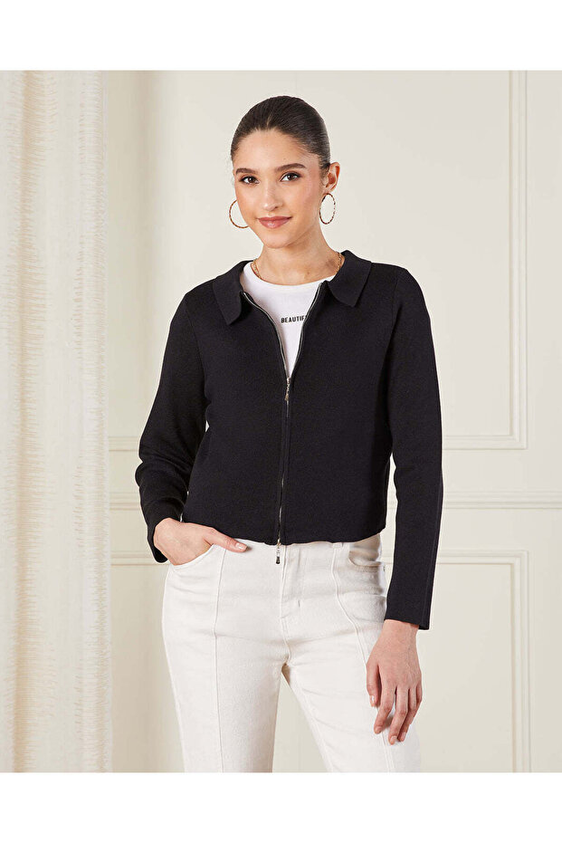 Women Black Solid Jacket - 1