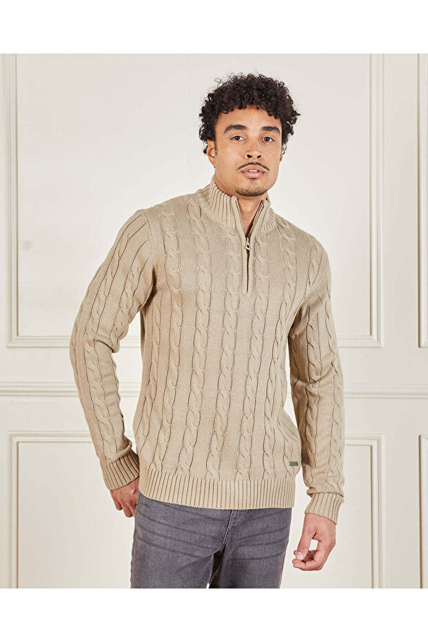 بلوفر رجالي عاجي اللون بسحاب من الأمام ومنسوج من قماش الكابل - 1