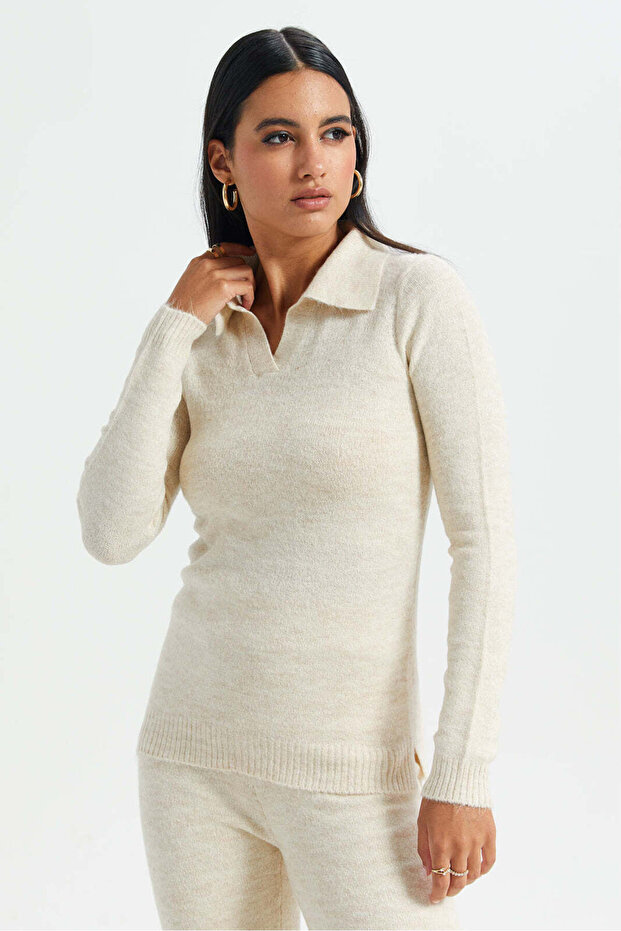 Women Beige Collared Pullover - 1